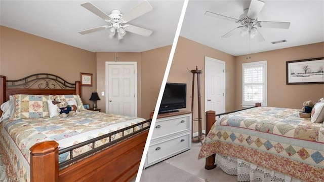 bedroom featuring light colored carpet and ceiling fan