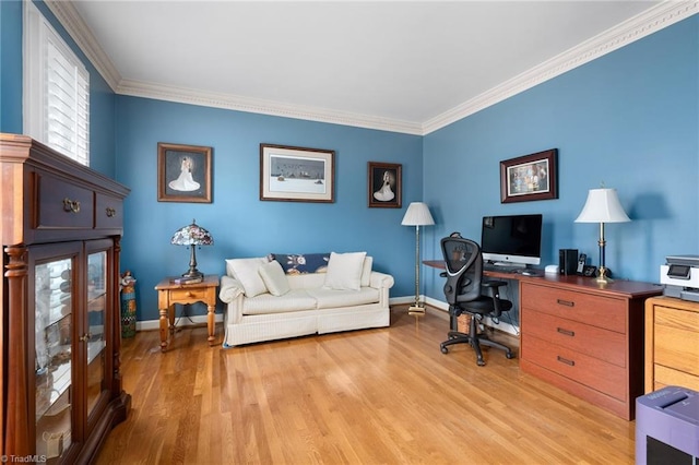 office space featuring crown molding and light hardwood / wood-style floors