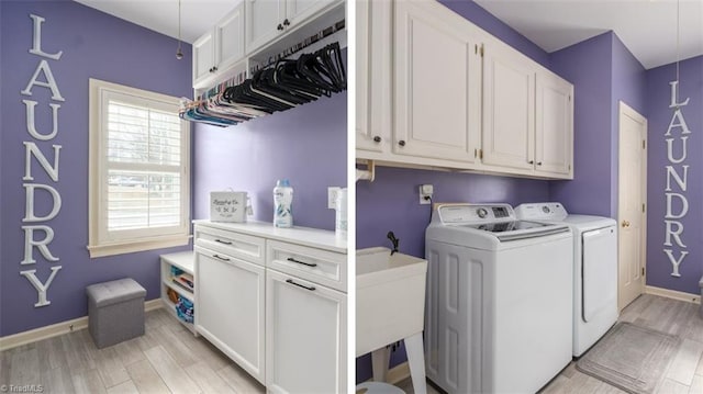 clothes washing area with cabinets, separate washer and dryer, and light hardwood / wood-style floors