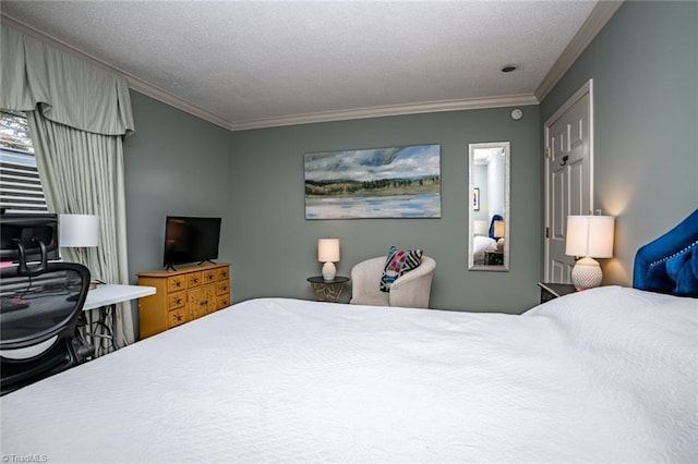 bedroom with crown molding and a textured ceiling