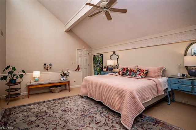 bedroom featuring beamed ceiling, high vaulted ceiling, light colored carpet, and ceiling fan