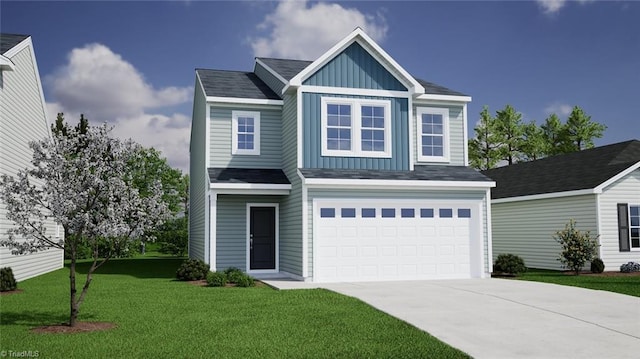 541 Raspberry Hill Rd, Winston-Salem, NC 27106 - view of front of property with board and batten siding, a garage, concrete driveway, a front yard, and a shingled roof