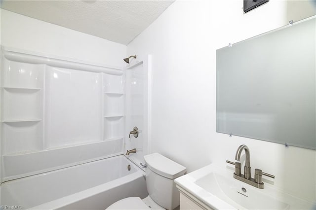 full bathroom with toilet, a textured ceiling,  shower combination, and vanity