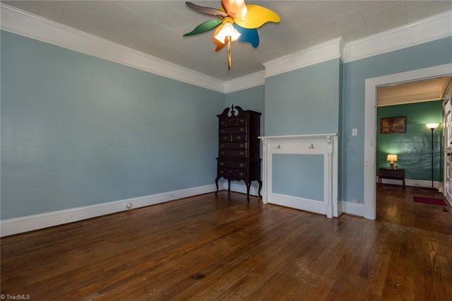 unfurnished living room with crown molding, ceiling fan, hardwood / wood-style flooring, and baseboards