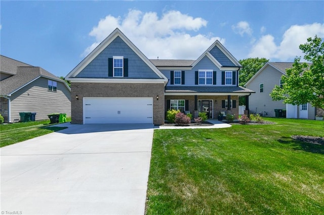 craftsman-style home with a porch, driveway, a front yard, a garage, and brick siding
