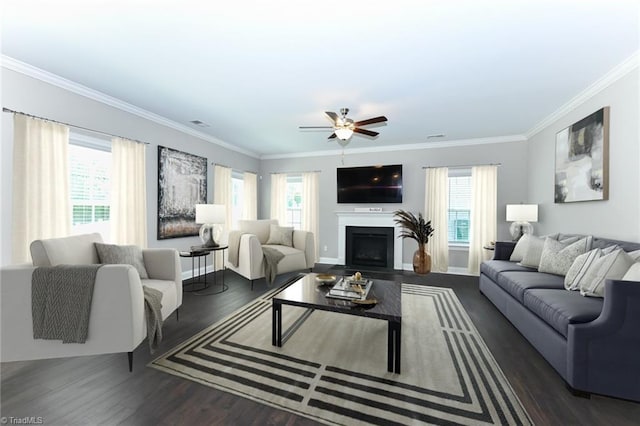 living room featuring a ceiling fan, wood finished floors, and a healthy amount of sunlight