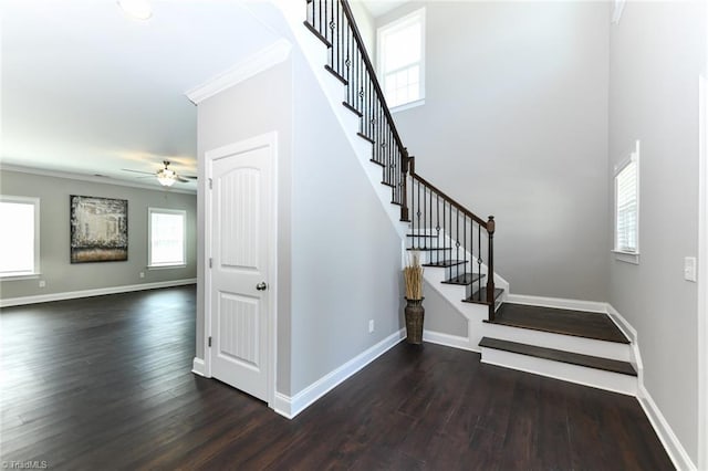 staircase with baseboards, ceiling fan, ornamental molding, and wood finished floors