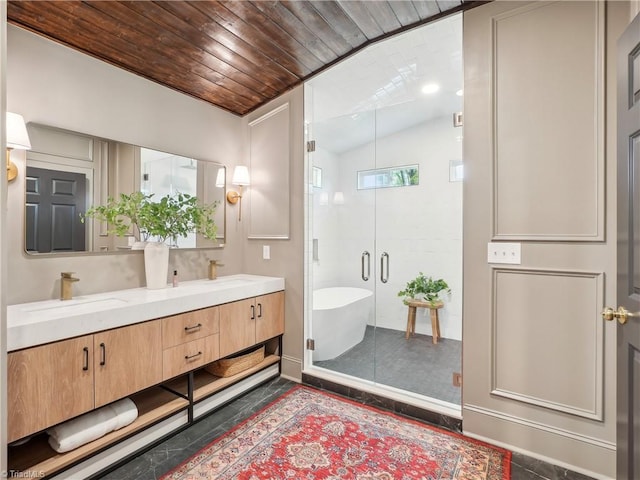 511 Circle Dr, Burlington, NC 27215 - full bathroom featuring a shower stall, double vanity, wood ceiling, and a sink