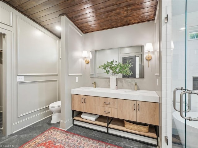 511 Circle Dr, Burlington, NC 27215 - bathroom with double vanity, a sink, wooden ceiling, and a stall shower