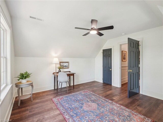 511 Circle Dr, Burlington, NC 27215 - additional living space featuring visible vents, baseboards, a ceiling fan, wood finished floors, and lofted ceiling