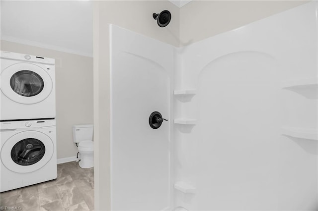 4126 Old Way Rd, Sophia, NC 27350 - laundry room with estacked washer and dryer and light marble finish floors