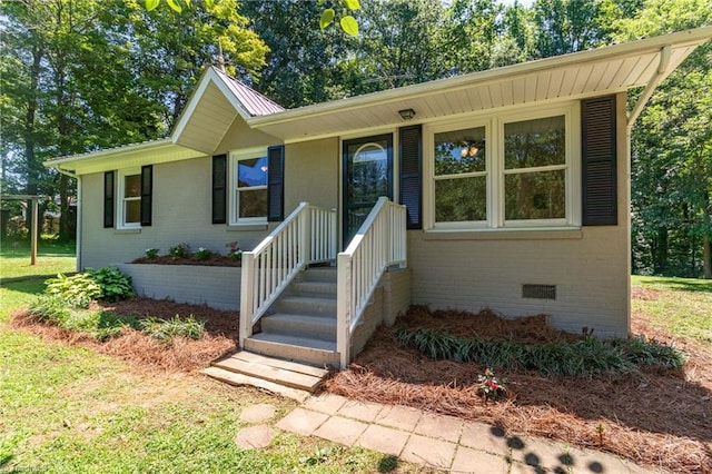 4126 Old Way Rd, Sophia, NC 27350 - ranch-style house featuring brick siding, a metal roof, a front lawn, and crawl space