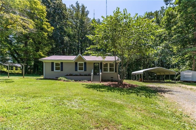 4126 Old Way Rd, Sophia, NC 27350 - ranch-style home featuring dirt driveway, a front yard, a carport, a metal roof, and crawl space