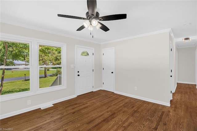 4126 Old Way Rd, Sophia, NC 27350 - entrance foyer with dark wood finished floors, crown molding, and a ceiling fan