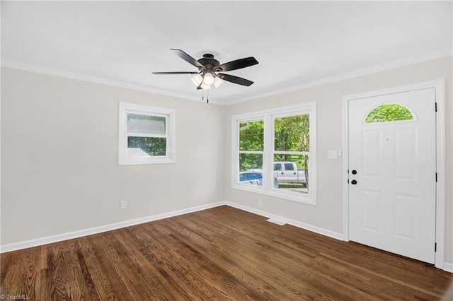 4126 Old Way Rd, Sophia, NC 27350 - entrance foyer featuring dark wood finished floors, ceiling fan, and crown molding