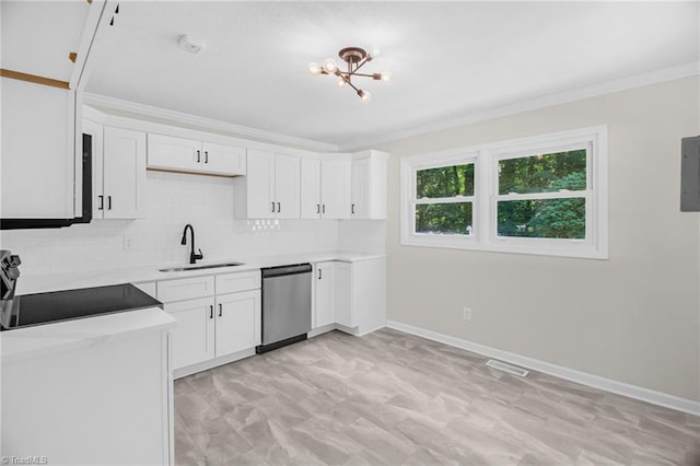 4126 Old Way Rd, Sophia, NC 27350 - kitchen featuring dishwasher, crown molding, range, backsplash, and white cabinets