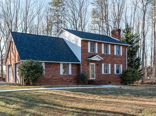 colonial inspired home featuring a front yard, crawl space, brick siding, and a chimney