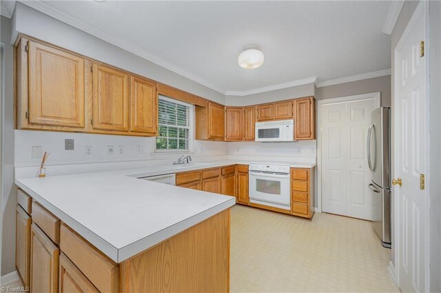 1808 Dunleith Way, Greensboro, NC 27455 - kitchen featuring white appliances, a peninsula, light countertops, ornamental molding, and a sink