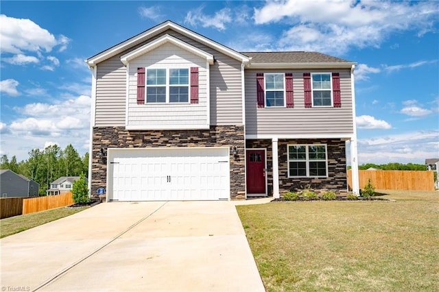 craftsman inspired home featuring stone siding, an attached garage, and concrete driveway