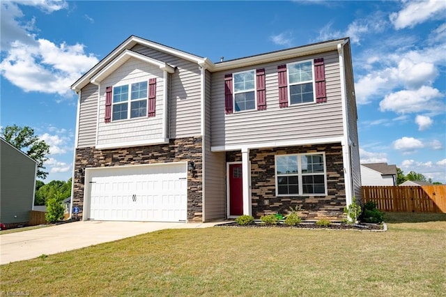 view of front of property featuring stone siding, driveway, and an attached garage