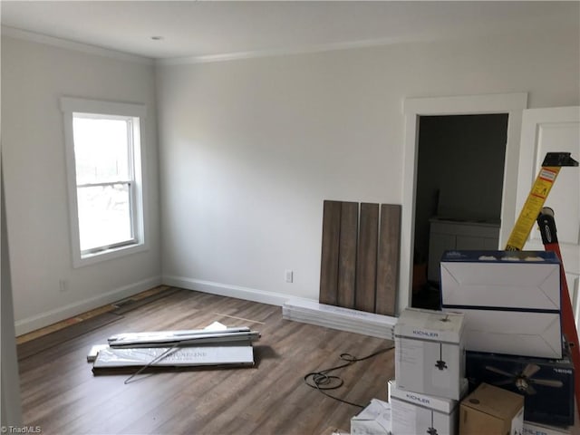 misc room featuring wood-type flooring and crown molding