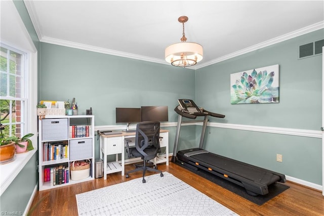 3717 Rock Haven Dr, Greensboro, NC 27410 - office with wood finished floors, crown molding, and a chandelier
