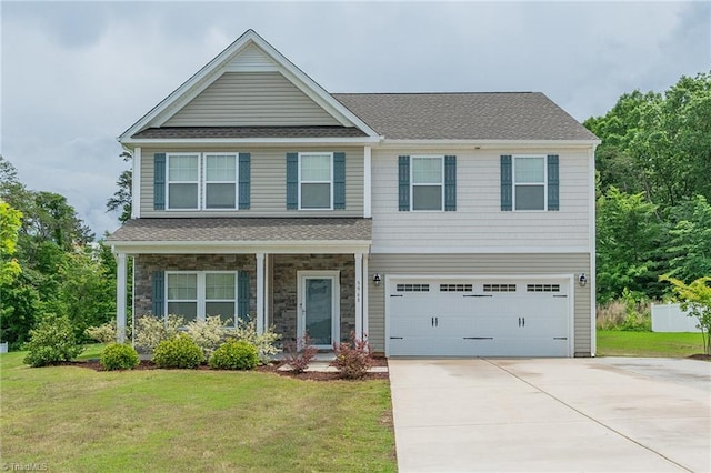 5968 Crescentbrook Ln, Clemmons, NC 27012 - view of front of property with driveway, a front yard, an attached garage, and a shingled roof