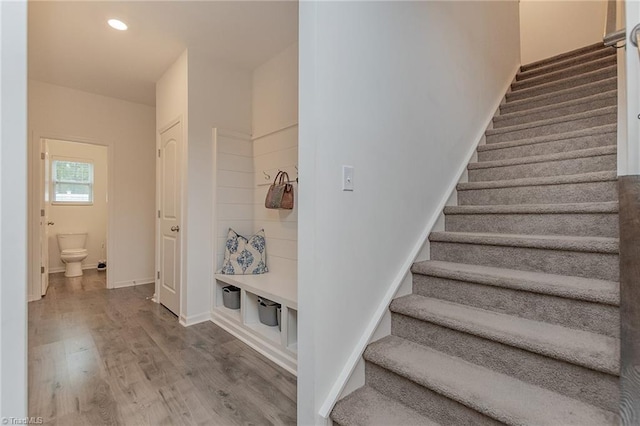 5968 Crescentbrook Ln, Clemmons, NC 27012 - stairway with wood finished floors, recessed lighting, and baseboards