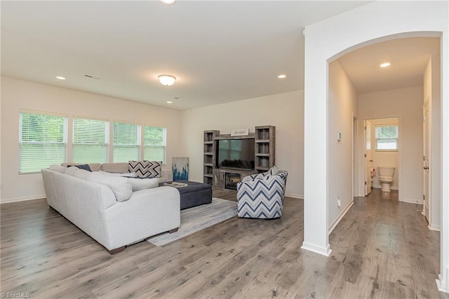 5968 Crescentbrook Ln, Clemmons, NC 27012 - living room featuring arched walkways, light wood-style flooring, healthy amount of natural light, and recessed lighting