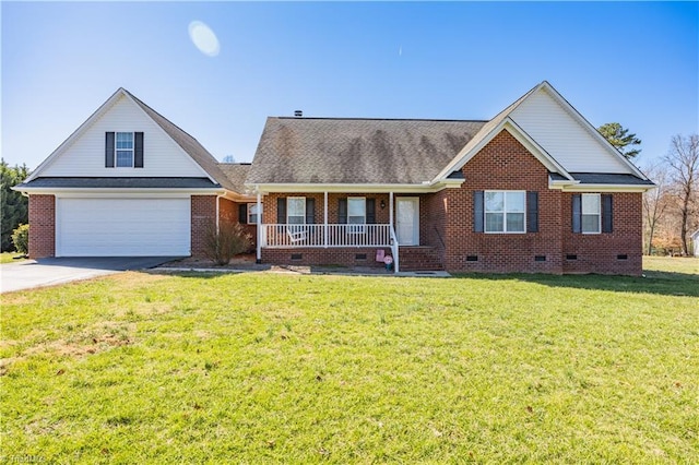 view of front facade with concrete driveway, crawl space, covered porch, a front lawn, and brick siding