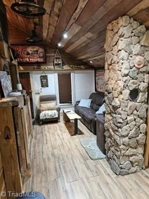 sitting room featuring wood ceiling, lofted ceiling, and light hardwood / wood-style floors