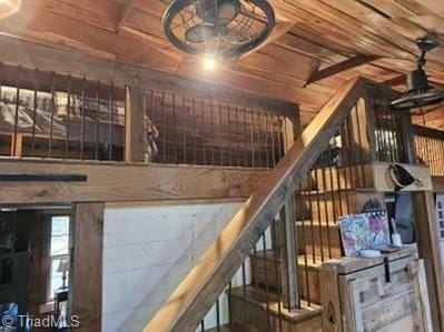 stairs featuring wooden walls and wood ceiling