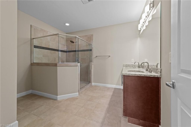 201 N Elm St Unit 703, Greensboro, NC 27401 - full bathroom featuring a shower stall, baseboards, vanity, tile patterned floors, and recessed lighting