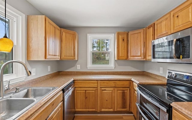 kitchen with a wealth of natural light, appliances with stainless steel finishes, and sink