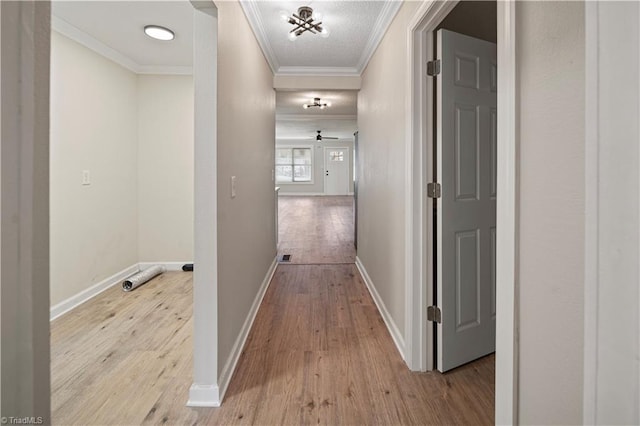 hallway with light hardwood / wood-style flooring and crown molding