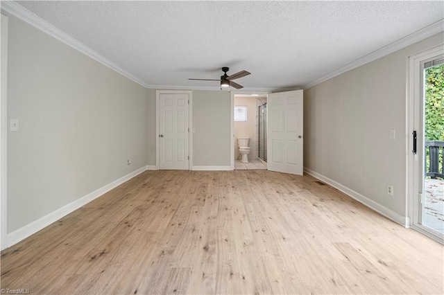 unfurnished bedroom with access to exterior, a textured ceiling, ceiling fan, crown molding, and light hardwood / wood-style flooring