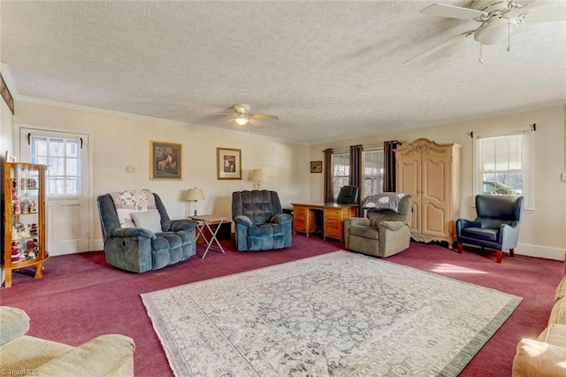 carpeted living room with ornamental molding, plenty of natural light, and a textured ceiling