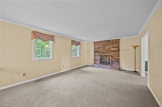 2424 Limner Ln, Winston-Salem, NC 27106 - unfurnished living room with ornamental molding, a textured ceiling, carpet flooring, baseboards, and a brick fireplace