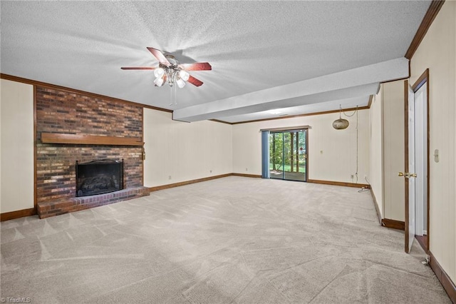 2424 Limner Ln, Winston-Salem, NC 27106 - unfurnished living room featuring carpet, ceiling fan, baseboards, ornamental molding, and a textured ceiling