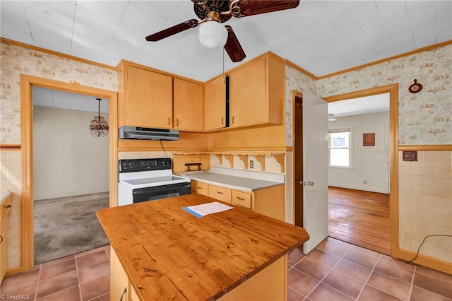 kitchen featuring exhaust hood, electric range, wood counters, and tile patterned flooring