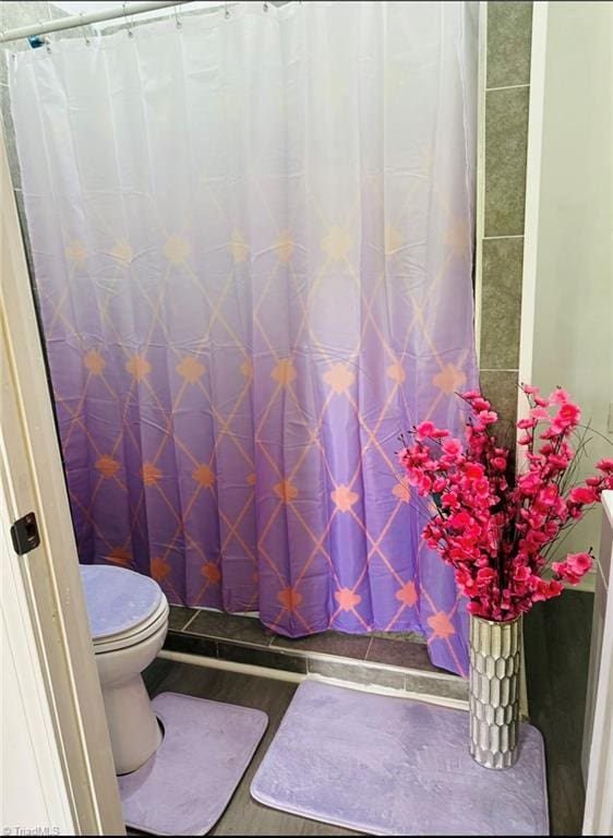 567 Townsend St, North Wilkesboro, NC 28659 - bathroom with toilet, wood finished floors, and a shower with shower curtain