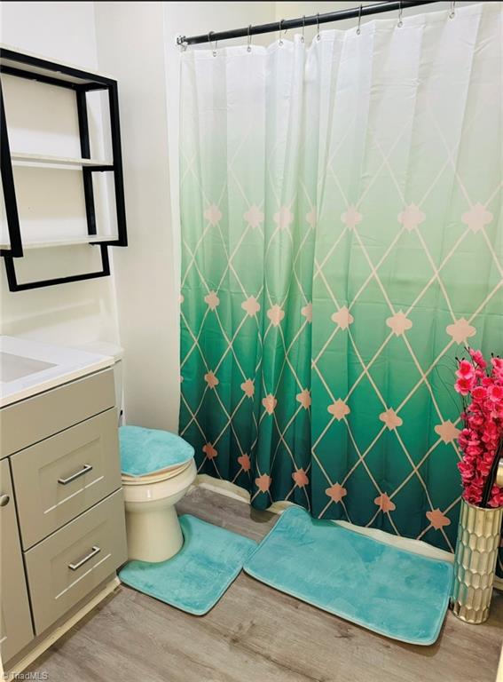 567 Townsend St, North Wilkesboro, NC 28659 - full bath featuring wood finished floors, vanity, toilet, and a shower with curtain