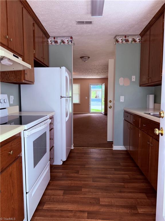 1770 Inglebrook Trl, Mount Airy, NC 27030 - kitchen with white electric range oven, under cabinet range hood, a textured ceiling, dark wood finished floors, and light countertops