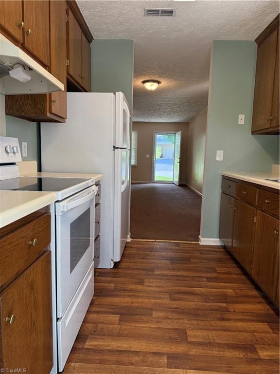 1770 Inglebrook Trl, Mount Airy, NC 27030 - kitchen with white electric stove, under cabinet range hood, a textured ceiling, dark wood-style flooring, and light countertops