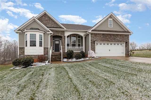 craftsman-style house with a front lawn, a porch, and a garage