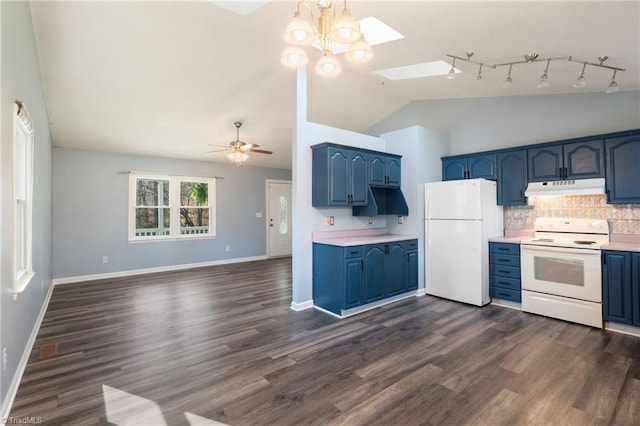 kitchen with white appliances, blue cabinetry, light countertops, under cabinet range hood, and lofted ceiling with skylight