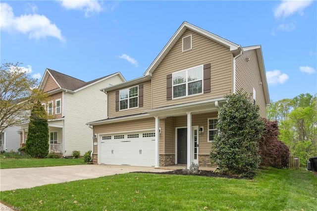 view of front of house with a front yard, driveway, a garage, and stone siding