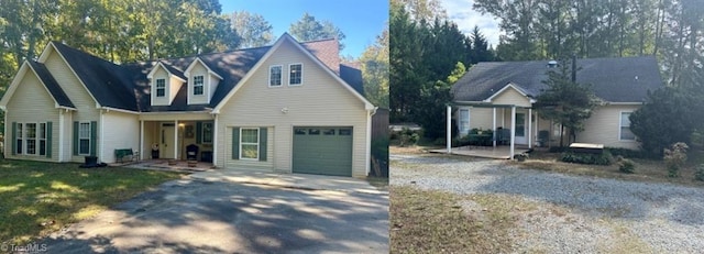 cape cod home featuring a garage and a porch