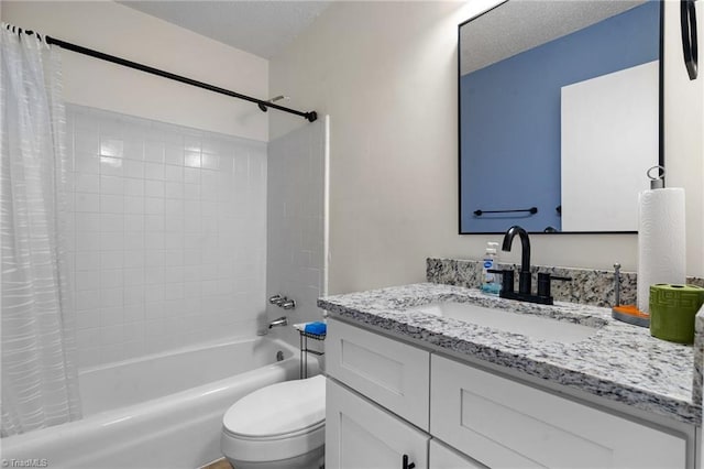 full bathroom featuring vanity, shower / bathtub combination with curtain, a textured ceiling, and toilet