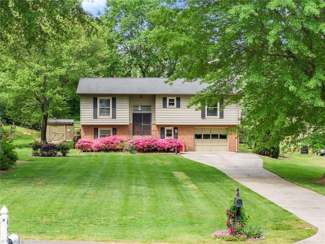 4904 Kacia Ct, Greensboro, NC 27407 - bi-level home featuring a front yard, a garage, brick siding, a storage unit, and concrete driveway
